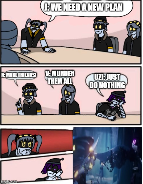 Murder drones boardroom meeting | J: WE NEED A NEW PLAN; N: MAKE FRIENDS! V: MURDER THEM ALL; UZI: JUST DO NOTHING | image tagged in murder drones boardroom meeting | made w/ Imgflip meme maker