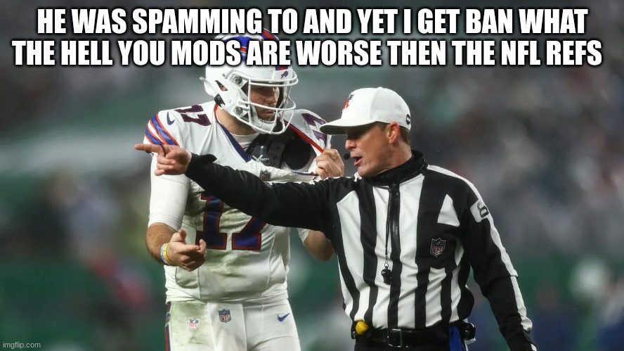 nfl referee | HE WAS SPAMMING TO AND YET I GET BAN WHAT THE HELL YOU MODS ARE WORSE THEN THE NFL REFS | image tagged in nfl referee | made w/ Imgflip meme maker