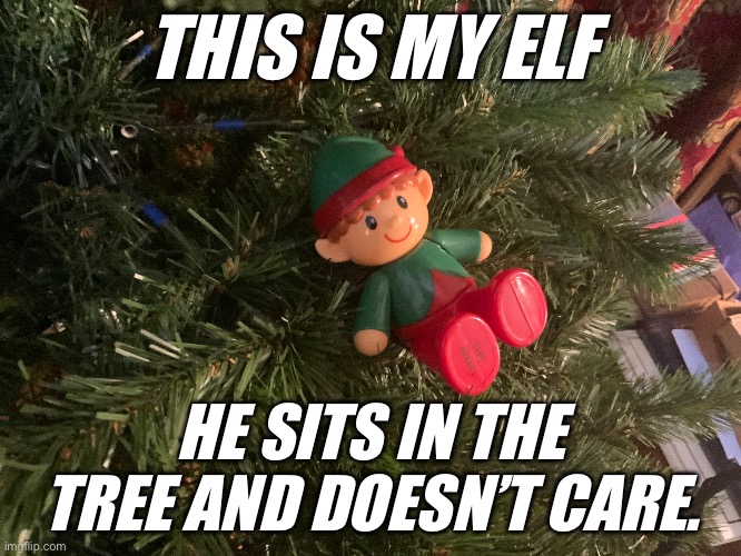 I love jizzmas | THIS IS MY ELF; HE SITS IN THE TREE AND DOESN’T CARE. | image tagged in jizzmas | made w/ Imgflip meme maker