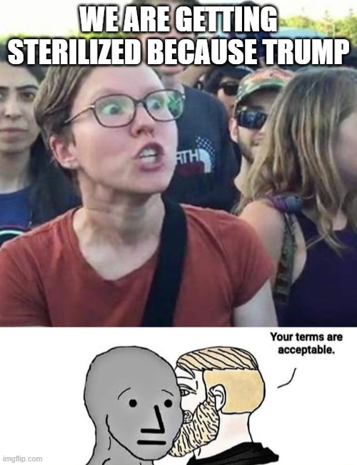 Leftists sterilizing themselves, your terms of surrender are acceptable. | WE ARE GETTING STERILIZED BECAUSE TRUMP | image tagged in trigger a leftist,your terms are acceptable | made w/ Imgflip meme maker