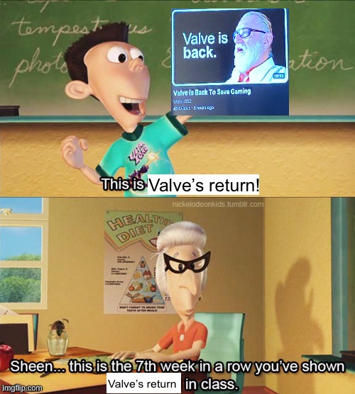 these valve news channels are making actual slop content | Valve’s return! Valve’s return | image tagged in sheen's show and tell | made w/ Imgflip meme maker