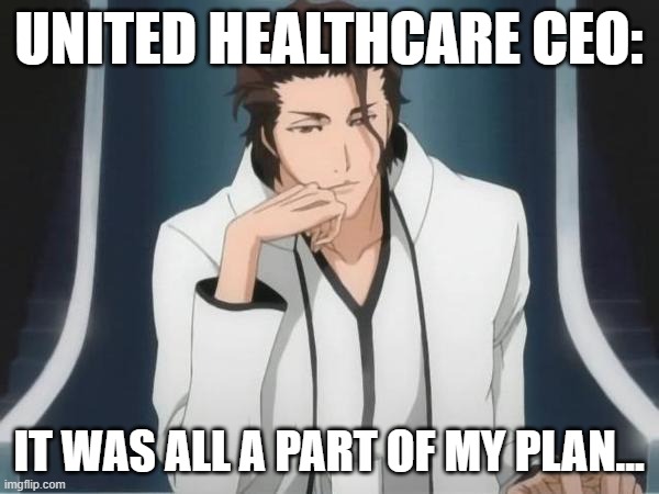 sosuke aizen just as planned  | UNITED HEALTHCARE CEO: IT WAS ALL A PART OF MY PLAN... | image tagged in sosuke aizen just as planned | made w/ Imgflip meme maker