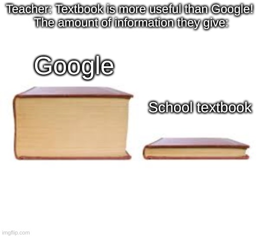 I think Google is better | Teacher: Textbook is more useful than Google! 
The amount of information they give:; Google; School textbook | image tagged in big book and small book | made w/ Imgflip meme maker