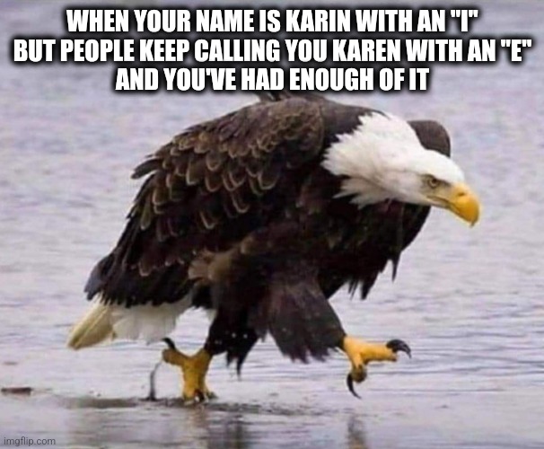 Karin with an I | WHEN YOUR NAME IS KARIN WITH AN "I"
BUT PEOPLE KEEP CALLING YOU KAREN WITH AN "E"
AND YOU'VE HAD ENOUGH OF IT | image tagged in karen | made w/ Imgflip meme maker