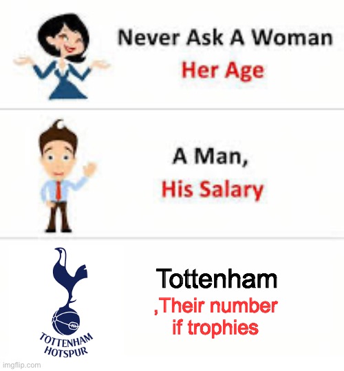 Tottenham cmon you beat man city you can win fa cup if you can beat city | Tottenham; ,Their number if trophies | image tagged in never ask a woman her age | made w/ Imgflip meme maker