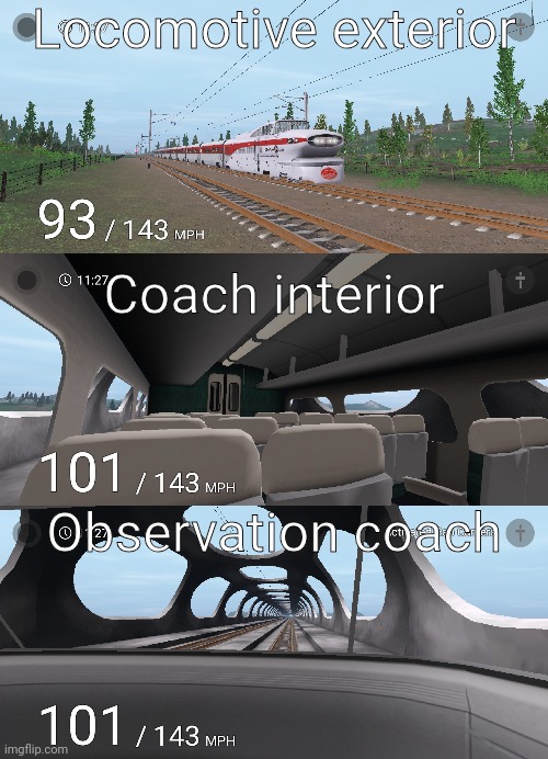 Since I'm out of OC ideas, I'm gonna make my own series on trains in the game I have, and my honest thoughts on the irl version | Locomotive exterior; Coach interior; Observation coach | made w/ Imgflip meme maker