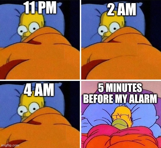 bruh | 11 PM; 2 AM; 4 AM; 5 MINUTES BEFORE MY ALARM | image tagged in homer simpson sleeping template | made w/ Imgflip meme maker