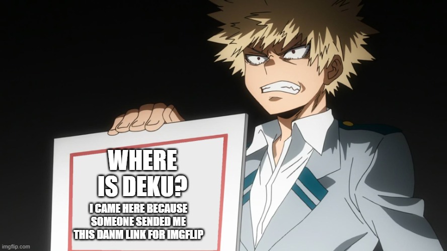 WHERE THE HELL IS DEKU?! | WHERE IS DEKU? I CAME HERE BECAUSE SOMEONE SENDED ME THIS DANM LINK FOR IMGFLIP | image tagged in bakugo | made w/ Imgflip meme maker