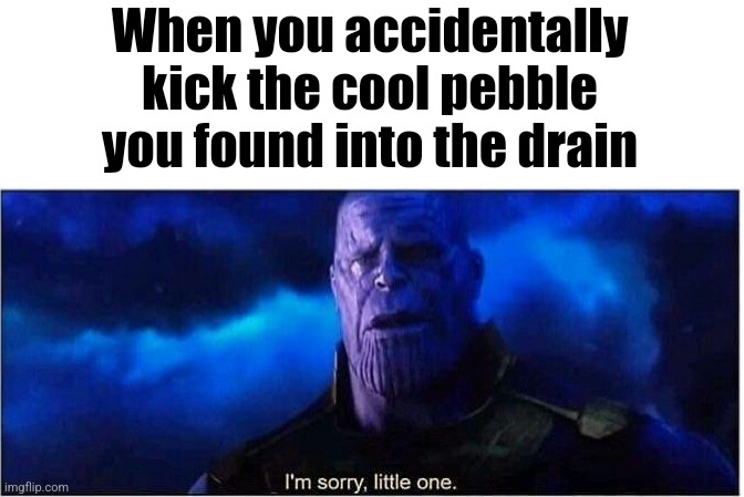 -_- | When you accidentally kick the cool pebble you found into the drain | image tagged in thanos i'm sorry little one,memes,thanos,relatable,relatable memes,funny memes | made w/ Imgflip meme maker