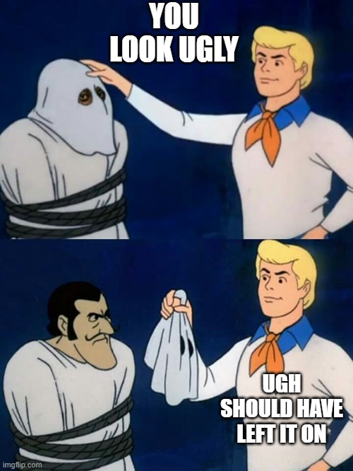 Scooby doo mask reveal | YOU LOOK UGLY; UGH SHOULD HAVE LEFT IT ON | image tagged in scooby doo mask reveal | made w/ Imgflip meme maker