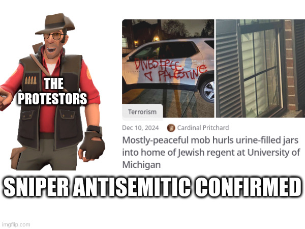 THE PROTESTORS; SNIPER ANTISEMITIC CONFIRMED | image tagged in tf2,jews | made w/ Imgflip meme maker