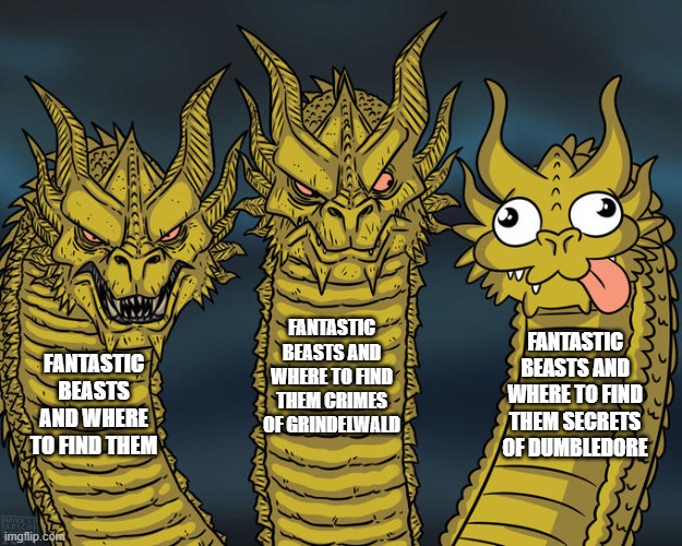 Three-headed Dragon | FANTASTIC BEASTS AND WHERE TO FIND THEM CRIMES OF GRINDELWALD; FANTASTIC BEASTS AND WHERE TO FIND THEM SECRETS OF DUMBLEDORE; FANTASTIC BEASTS AND WHERE TO FIND THEM | image tagged in three-headed dragon,harry potter | made w/ Imgflip meme maker