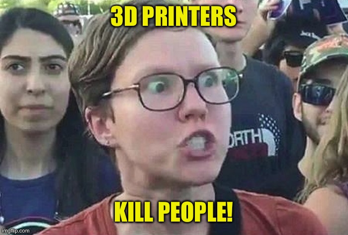 Triggered Liberal | 3D PRINTERS KILL PEOPLE! | image tagged in triggered liberal | made w/ Imgflip meme maker