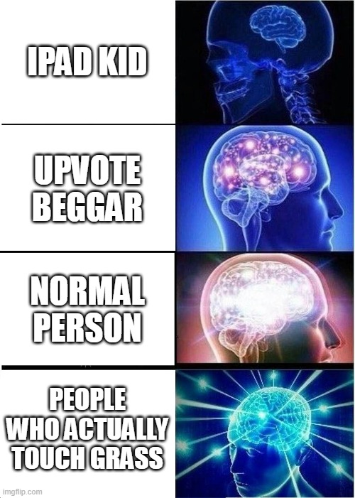 Id put upvote beggar in stupid but theres only 1 slot | IPAD KID; UPVOTE BEGGAR; NORMAL PERSON; PEOPLE WHO ACTUALLY TOUCH GRASS | image tagged in memes,expanding brain | made w/ Imgflip meme maker