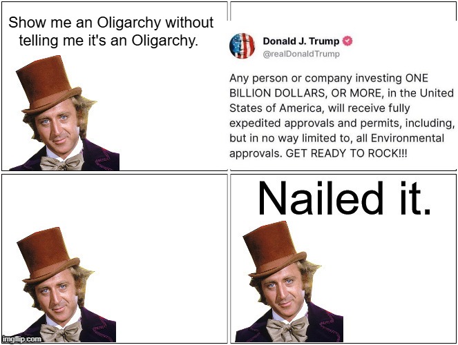 Nailed It Wonka | Show me an Oligarchy without telling me it's an Oligarchy. | image tagged in nailed it wonka | made w/ Imgflip meme maker