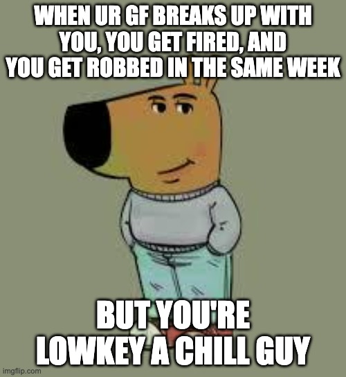 lowkay a chill guy | WHEN UR GF BREAKS UP WITH YOU, YOU GET FIRED, AND YOU GET ROBBED IN THE SAME WEEK; BUT YOU'RE LOWKEY A CHILL GUY | image tagged in low key just a chill guy,memes,gifs,pie charts,drake hotline bling | made w/ Imgflip meme maker