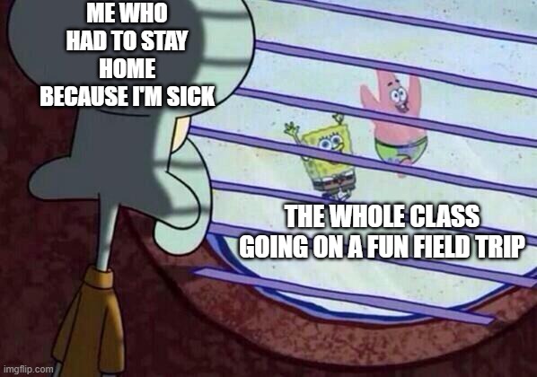 Squidward window | ME WHO HAD TO STAY HOME BECAUSE I'M SICK; THE WHOLE CLASS GOING ON A FUN FIELD TRIP | image tagged in squidward window | made w/ Imgflip meme maker