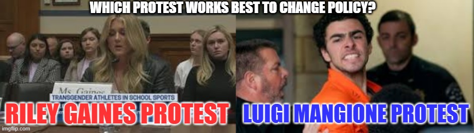 which protest works better Riley's or Luigi's? | WHICH PROTEST WORKS BEST TO CHANGE POLICY? LUIGI MANGIONE PROTEST; RILEY GAINES PROTEST | image tagged in riley gaines,luigi,healthcare,trump,biden | made w/ Imgflip meme maker