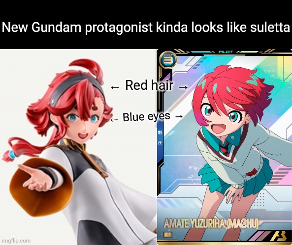 New Gundam protagonist kinda looks like suletta; ← Red hair →; ← Blue eyes → | image tagged in gundam | made w/ Imgflip meme maker