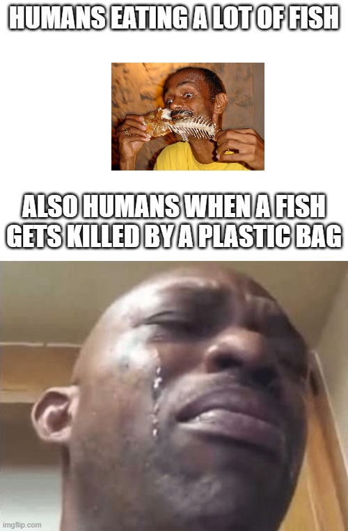 Humans be like | HUMANS EATING A LOT OF FISH; ALSO HUMANS WHEN A FISH GETS KILLED BY A PLASTIC BAG | image tagged in funny | made w/ Imgflip meme maker