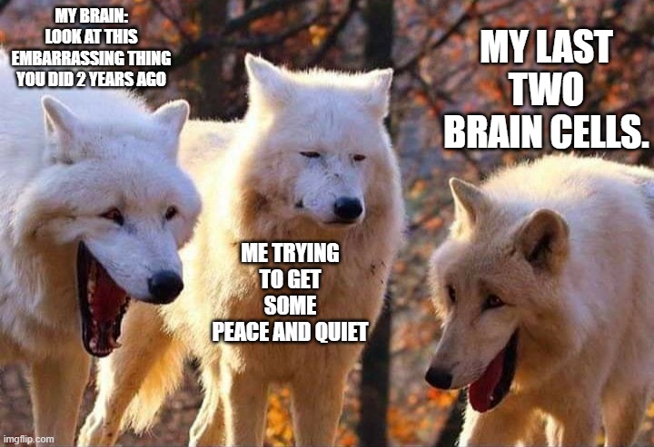 Default brain behaviour. | MY BRAIN: LOOK AT THIS EMBARRASSING THING YOU DID 2 YEARS AGO; MY LAST TWO BRAIN CELLS. ME TRYING TO GET SOME PEACE AND QUIET | image tagged in laughing wolf | made w/ Imgflip meme maker