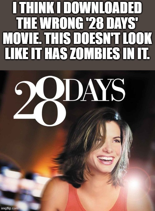 I Think I Downloaded The Wrong 28 Days Movie | I THINK I DOWNLOADED THE WRONG '28 DAYS' MOVIE. THIS DOESN'T LOOK LIKE IT HAS ZOMBIES IN IT. | image tagged in 28 days,sandra bullock,28 days later,zombies,funny,memes | made w/ Imgflip meme maker