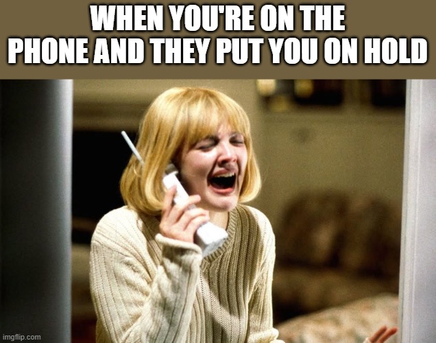 When You're On The Phone And They Put You On Hold | WHEN YOU'RE ON THE PHONE AND THEY PUT YOU ON HOLD | image tagged in phone,scream,drew barrymore,screaming,funny,memes | made w/ Imgflip meme maker