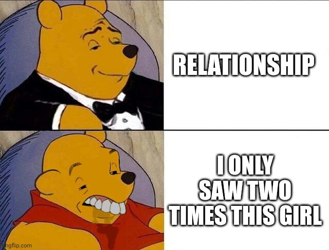 Rational | RELATIONSHIP; I ONLY SAW TWO TIMES THIS GIRL | image tagged in tuxedo winnie the pooh grossed reverse | made w/ Imgflip meme maker