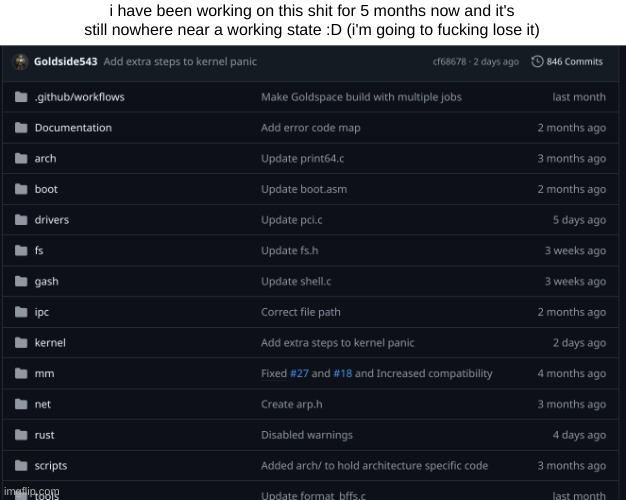 i mean, it'll boot and run the built-in shell, but at this point it's just a toy until i can get the GDT, TSS, and IDT working | i have been working on this shit for 5 months now and it's still nowhere near a working state :D (i'm going to fucking lose it) | made w/ Imgflip meme maker