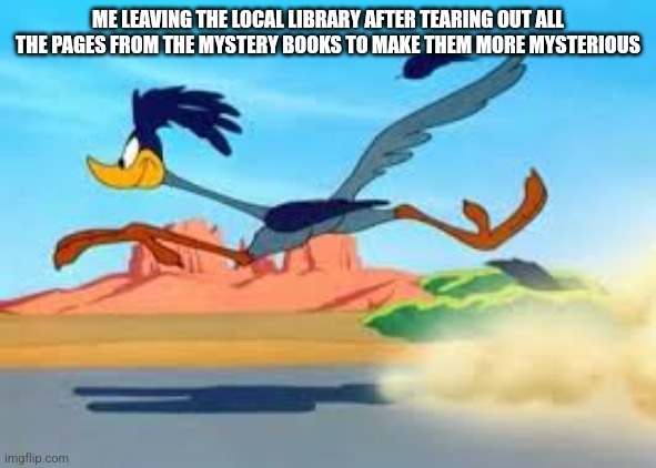 road runner | ME LEAVING THE LOCAL LIBRARY AFTER TEARING OUT ALL THE PAGES FROM THE MYSTERY BOOKS TO MAKE THEM MORE MYSTERIOUS | image tagged in road runner | made w/ Imgflip meme maker