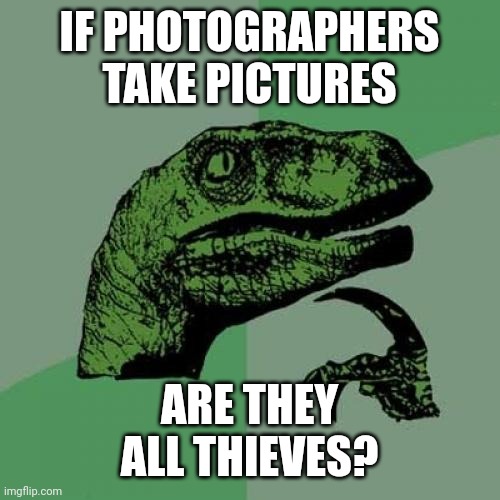 Are photographers thieves? | IF PHOTOGRAPHERS
TAKE PICTURES; ARE THEY
ALL THIEVES? | image tagged in memes,philosoraptor,taking,pictures,stealing,photography | made w/ Imgflip meme maker