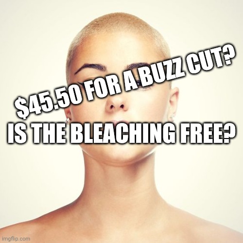 Going Deep | $45.50 FOR A BUZZ CUT? IS THE BLEACHING FREE? | image tagged in bald woman,i gotta get one of those | made w/ Imgflip meme maker