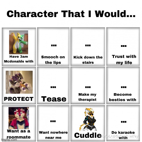 (Credit to Everybody) | ... ... ... ... ... ... ... ... | image tagged in character that i would,aurora bloom,booker fox,juno the protogen,furry,cartoon | made w/ Imgflip meme maker