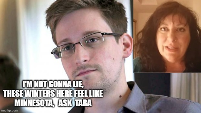 Snowden | I'M NOT GONNA LIE,
THESE WINTERS HERE FEEL LIKE
MINNESOTA,   ASK  TARA | image tagged in snowden | made w/ Imgflip meme maker