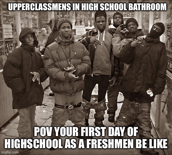 High School bathroom meme | UPPERCLASSMENS IN HIGH SCHOOL BATHROOM; POV YOUR FIRST DAY OF HIGHSCHOOL AS A FRESHMEN BE LIKE | image tagged in all my homies hate | made w/ Imgflip meme maker