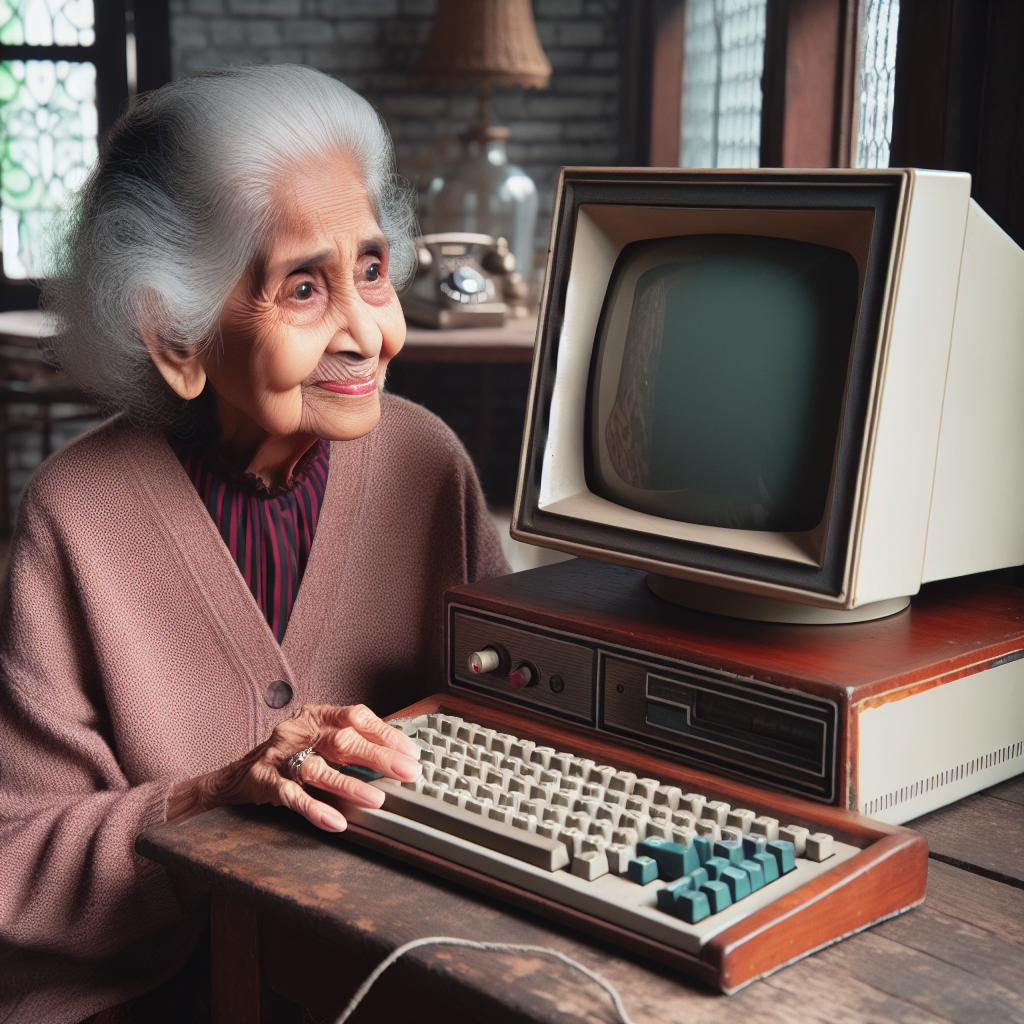 Grandma looks at old computer Blank Meme Template