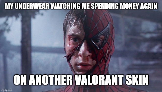 Ripped Mask Tobey Maguire Spiderman | MY UNDERWEAR WATCHING ME SPENDING MONEY AGAIN; ON ANOTHER VALORANT SKIN | image tagged in ripped mask tobey maguire spiderman | made w/ Imgflip meme maker