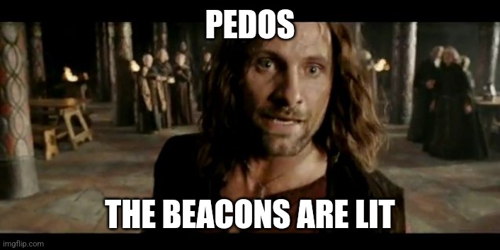 Pedos seeing this post | PEDOS; THE BEACONS ARE LIT | image tagged in the beacons are lit | made w/ Imgflip meme maker