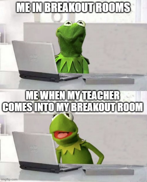 breakout rooms | ME IN BREAKOUT ROOMS; ME WHEN MY TEACHER COMES INTO MY BREAKOUT ROOM | image tagged in online class,kermit the frog,awkward | made w/ Imgflip meme maker