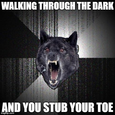 Insanity Wolf Meme | WALKING THROUGH THE DARK AND YOU STUB YOUR TOE | image tagged in memes,insanity wolf | made w/ Imgflip meme maker