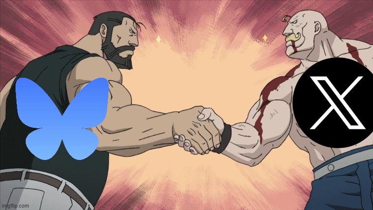 Bluesky & X | image tagged in manly handshake,elon musk buying twitter,bluesky,memes,tech | made w/ Imgflip meme maker