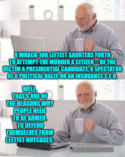 A not so mysterious answer to a question. | A WHACK-JOB LEFTIST SAUNTERS FORTH TO ATTEMPT THE MURDER A CITIZEN -- BE THE VICTIM A PRESIDENTIAL CANDIDATE, A SPECTATOR AT A POLITICAL RALLY, OR AN INSURANCE C.E.O. WELL, THAT'S ONE OF THE REASONS WHY PEOPLE NEED TO BE ARMED.  TO DEFEND THEMSELVES FROM LEFTIST NUTCASES. | image tagged in hide the pain harold | made w/ Imgflip meme maker