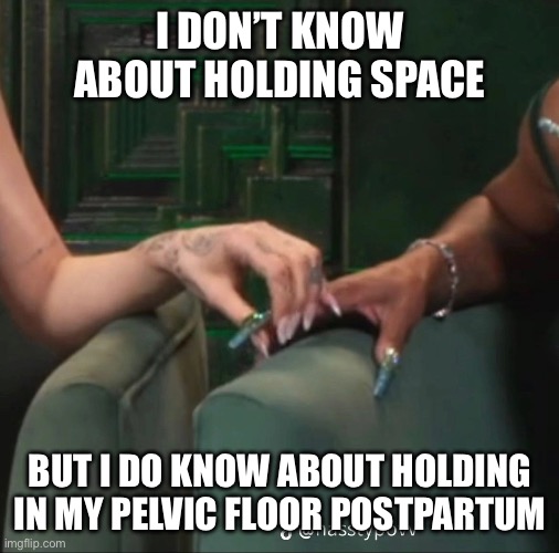 Holding space pelvic floor postpartum meme | I DON’T KNOW ABOUT HOLDING SPACE; BUT I DO KNOW ABOUT HOLDING IN MY PELVIC FLOOR POSTPARTUM | image tagged in holding space | made w/ Imgflip meme maker