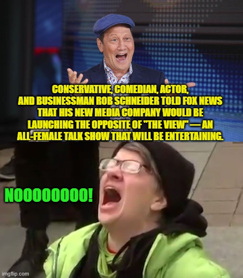 The leftist psychological traumas just keep piling up.  Safe space crying room, stat! | CONSERVATIVE, COMEDIAN, ACTOR, AND BUSINESSMAN ROB SCHNEIDER TOLD FOX NEWS THAT HIS NEW MEDIA COMPANY WOULD BE LAUNCHING THE OPPOSITE OF "THE VIEW" — AN ALL-FEMALE TALK SHOW THAT WILL BE ENTERTAINING. NOOOOOOOO! | image tagged in yep | made w/ Imgflip meme maker