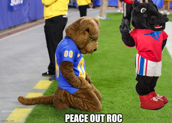 SMU vs Pittsburgh meme | PEACE OUT ROC | image tagged in memes,college football,pittsburgh,football,mascots | made w/ Imgflip meme maker