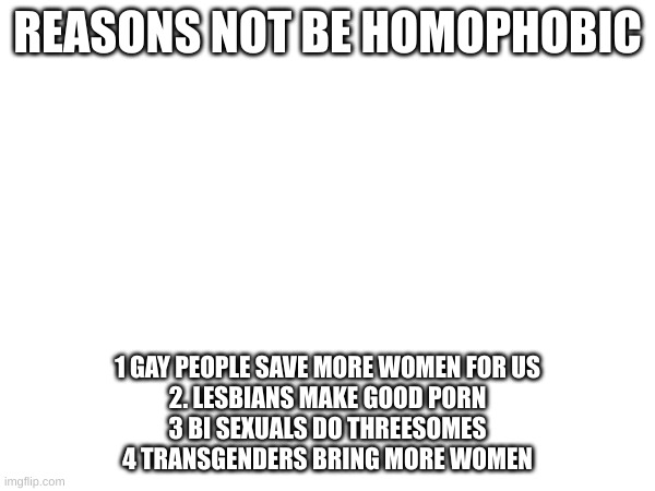 REASONS NOT BE HOMOPHOBIC; 1 GAY PEOPLE SAVE MORE WOMEN FOR US
2. LESBIANS MAKE GOOD PORN
3 BI SEXUALS DO THREESOMES
4 TRANSGENDERS BRING MORE WOMEN | made w/ Imgflip meme maker