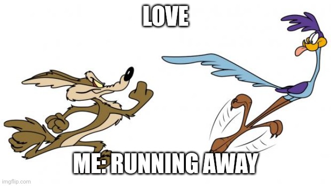 Love | LOVE; ME: RUNNING AWAY | image tagged in road runner,chasing me | made w/ Imgflip meme maker