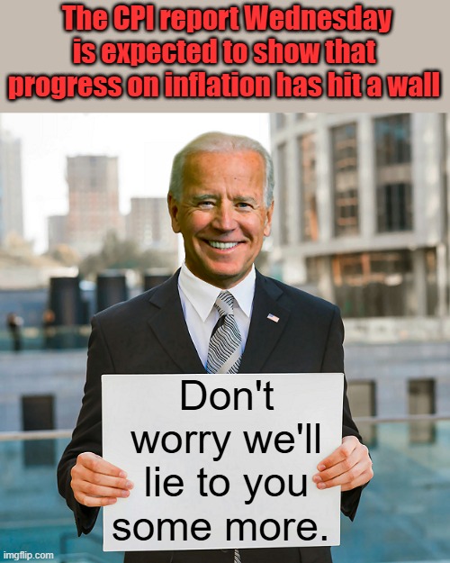 Good news the lies continue, i was worried they would tell the truth. | The CPI report Wednesday is expected to show that progress on inflation has hit a wall; Don't worry we'll lie to you some more. | image tagged in joe biden blank sign | made w/ Imgflip meme maker