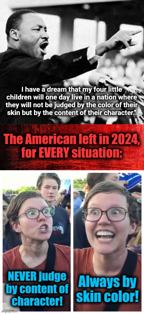 Libs in 2024, on Daniel Penny and Jordan Neely | I have a dream that my four little children will one day live in a nation where they will not be judged by the color of their
skin but by the content of their character."; The American left in 2024,
for EVERY situation:; Always by
skin color! NEVER judge
by content of
character! | image tagged in i have a dream,social justice warrior hypocrisy,memes,skin color,jordan neely,daniel penny | made w/ Imgflip meme maker