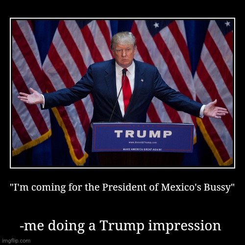 I may or may not made the teacher of the class I walked into do a 20 minute talk about cussing to a class I don't have because I | "I'm coming for the President of Mexico's Bussy" | -me doing a Trump impression | image tagged in funny,demotivationals,trump,true story | made w/ Imgflip demotivational maker